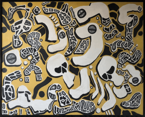 A painting of skulls and other shapes on a yellow background