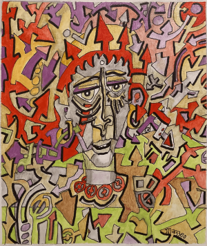 A painting of a man with many different colors