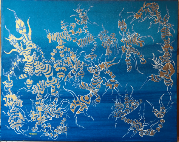 A painting of gold and blue leaves on a blue background