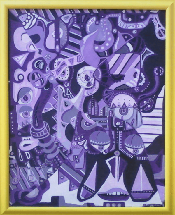 A purple painting with many different shapes and colors