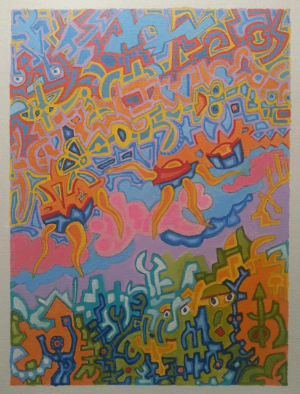 A painting of colorful abstract shapes and lines.