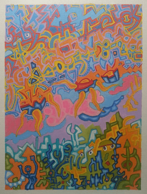 A painting of colorful abstract shapes and lines.