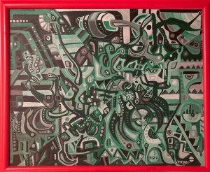 A painting of green and black shapes on canvas.