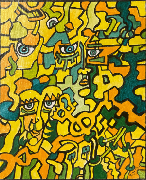 A painting of many different faces and some shapes