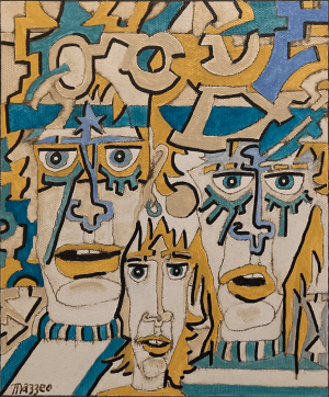 A painting of faces with different colors and shapes