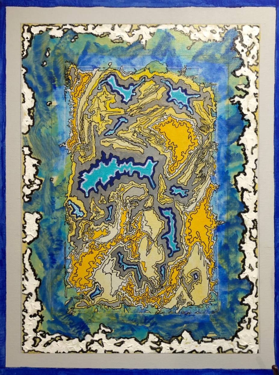 A painting of a blue and yellow abstract design.