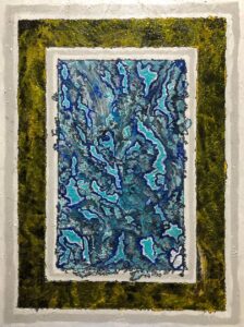 A painting of blue and green water in the middle of a frame.