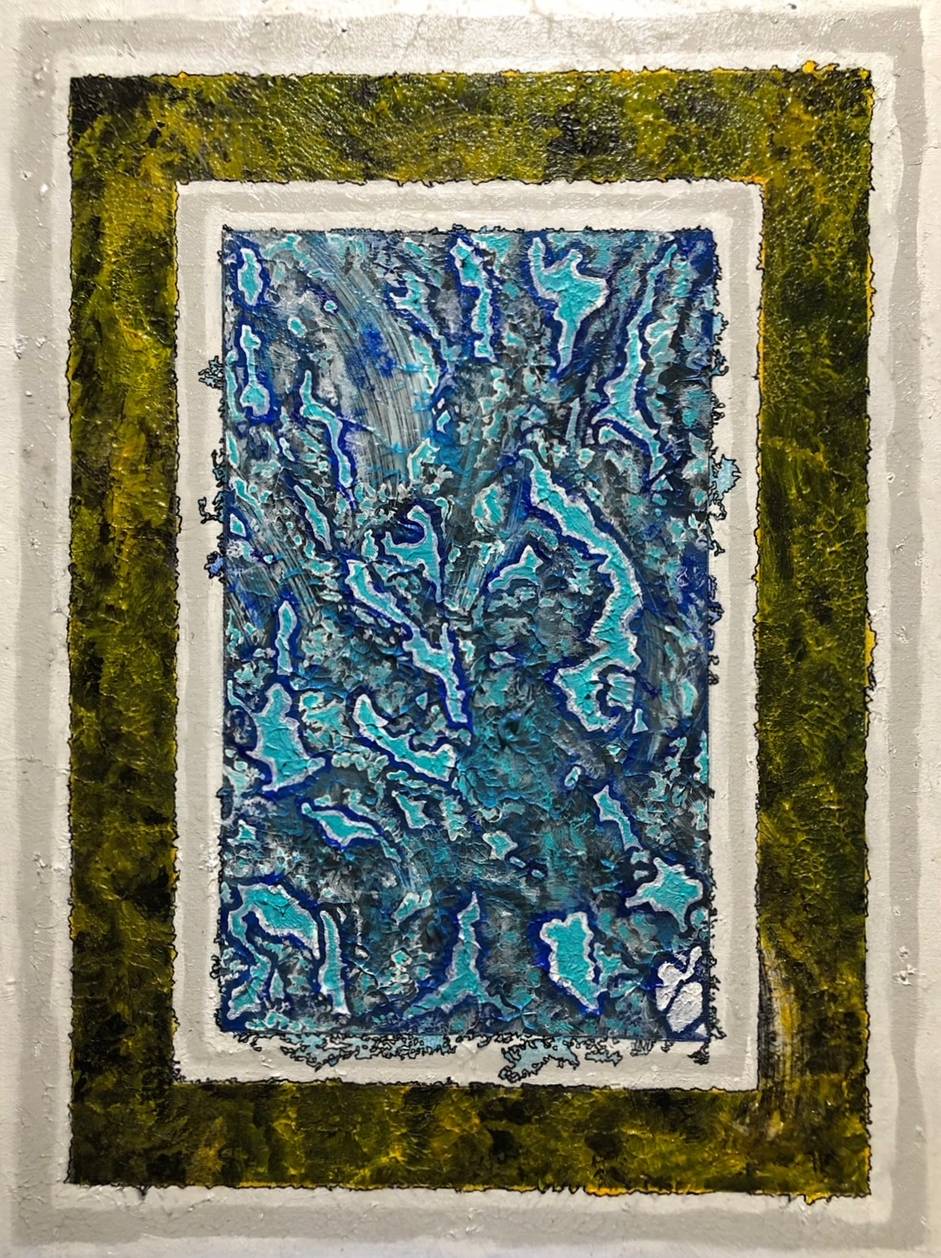 A painting of blue and green water in the middle of a frame.