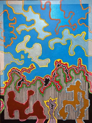 A painting of a sky with clouds and trees