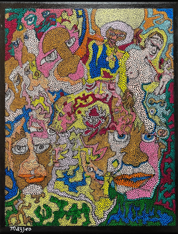 A painting of many faces and some people