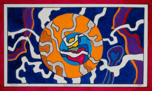 A painting of an abstract design with blue, orange and white.