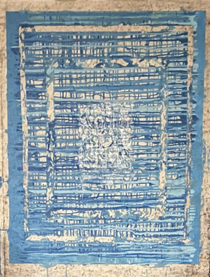 A blue and white painting of a rug