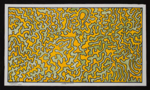 A yellow and green abstract painting with black frame.