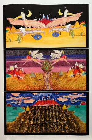 A painting of three different scenes with mountains and trees.